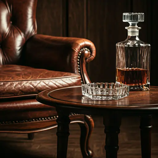 Fotoliu din piele patinată cu o carafă de coniac pe o măsuță, într-un colț de cigar bar cu lumină caldă