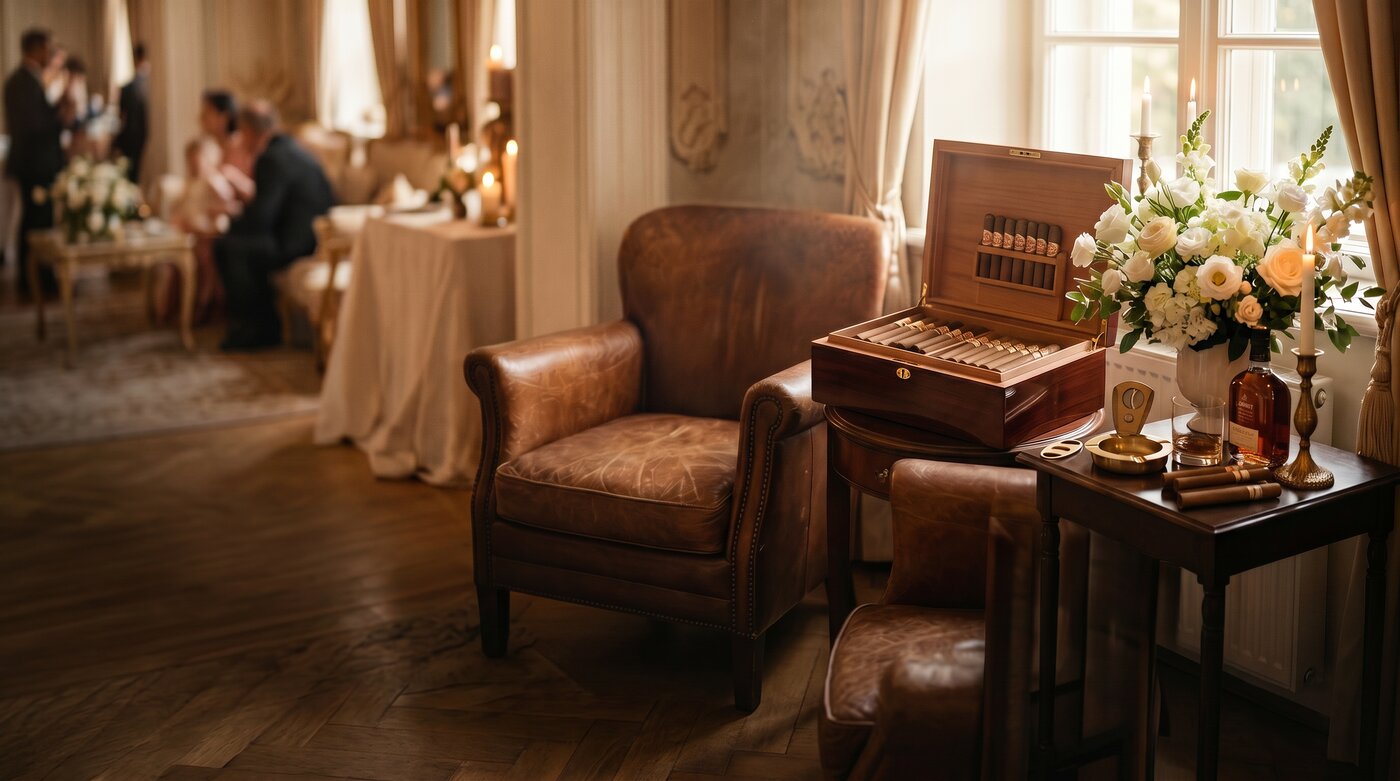 Cigar corner la botez — fotolii din piele, humidor și flori, ambianță rafinată
