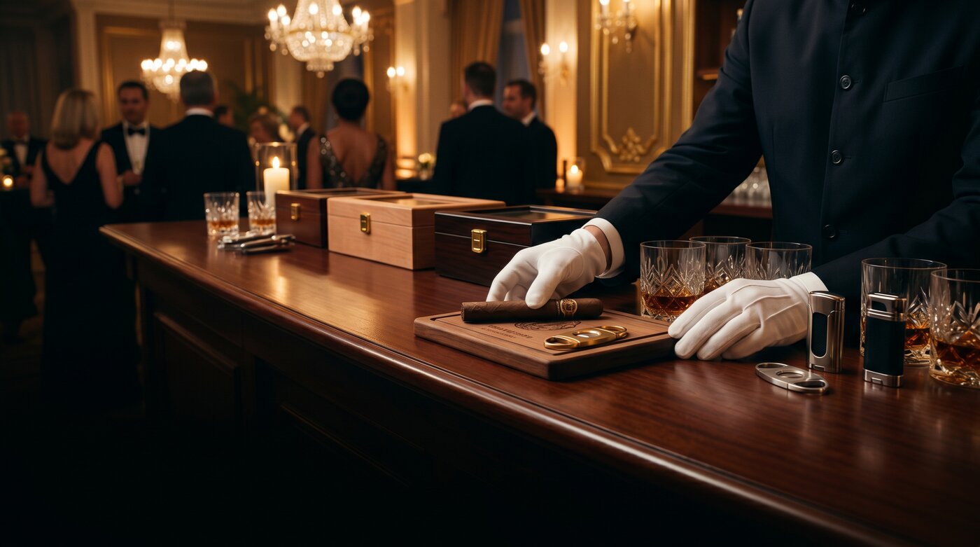 Cigar bar la eveniment corporate — bar din lemn cu trabucuri premium și cognac XO la o gală elegantă
