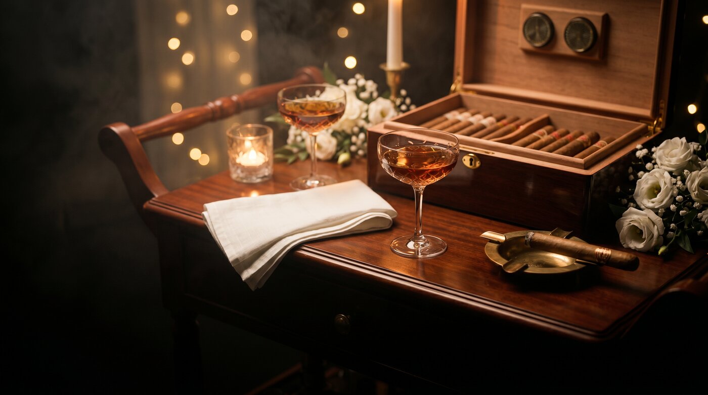 Cigar bar elegant la nuntă — humidor cu trabucuri premium, cognac și mobilier vintage