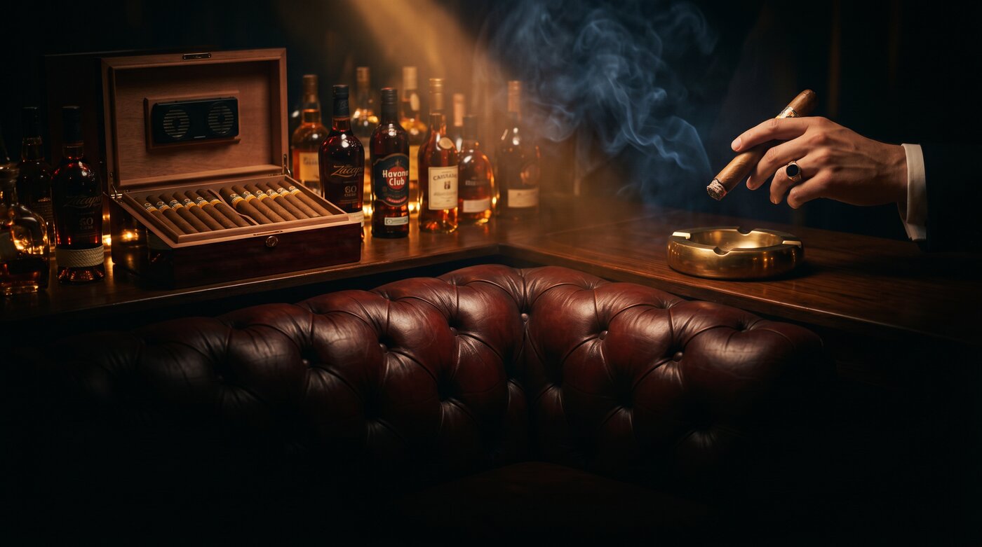 Cigar bar la petrecere privată — canapea din piele, humidor și băuturi fine, atmosferă de club exclusivist