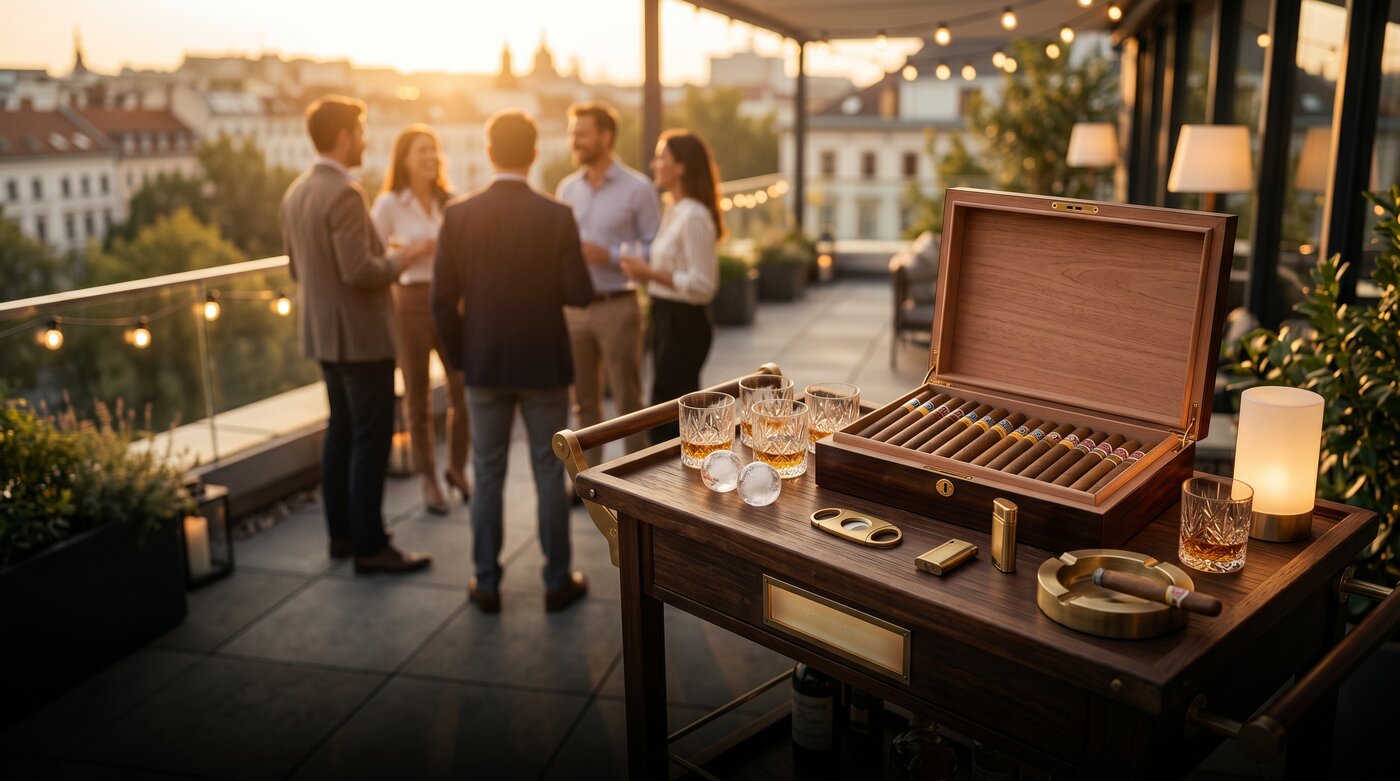 Cigar bar la team building — bar mobil cu trabucuri și whisky pe terasă la apus
