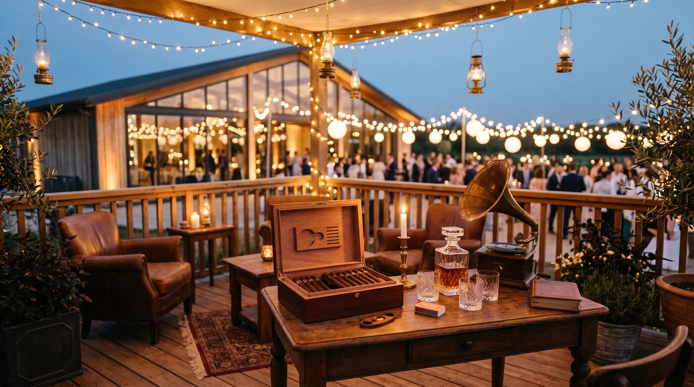 Ambianță de seară la cigar bar pe terasă, cu lumini de ghirlandă și mobilier vintage