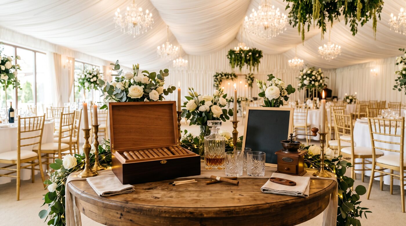 Cigar corner elegant amenajat pentru nuntă, în salon cu draperii albe și flori