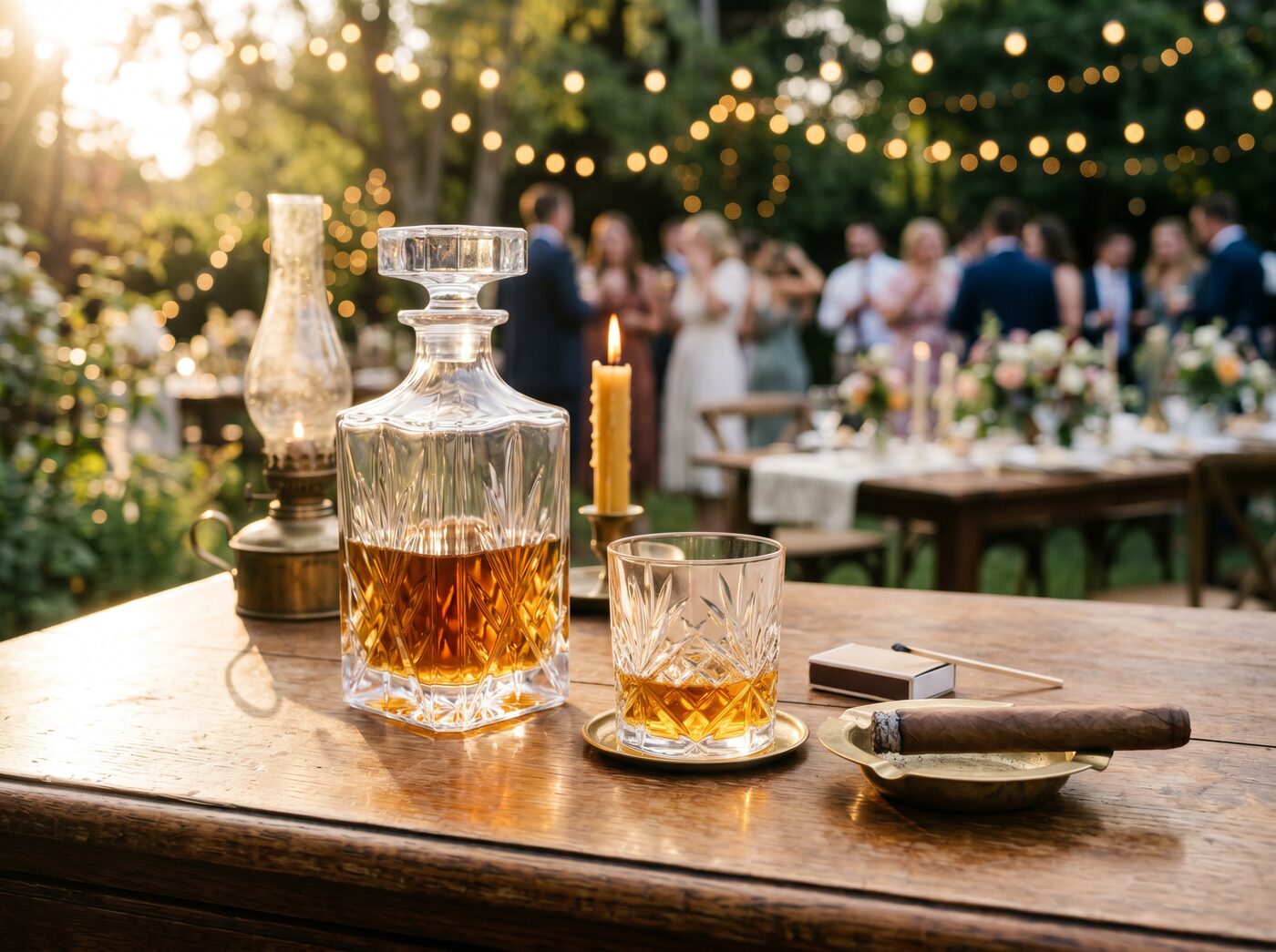 Decantor de cristal cu coniac și trabuc premium la cigar bar