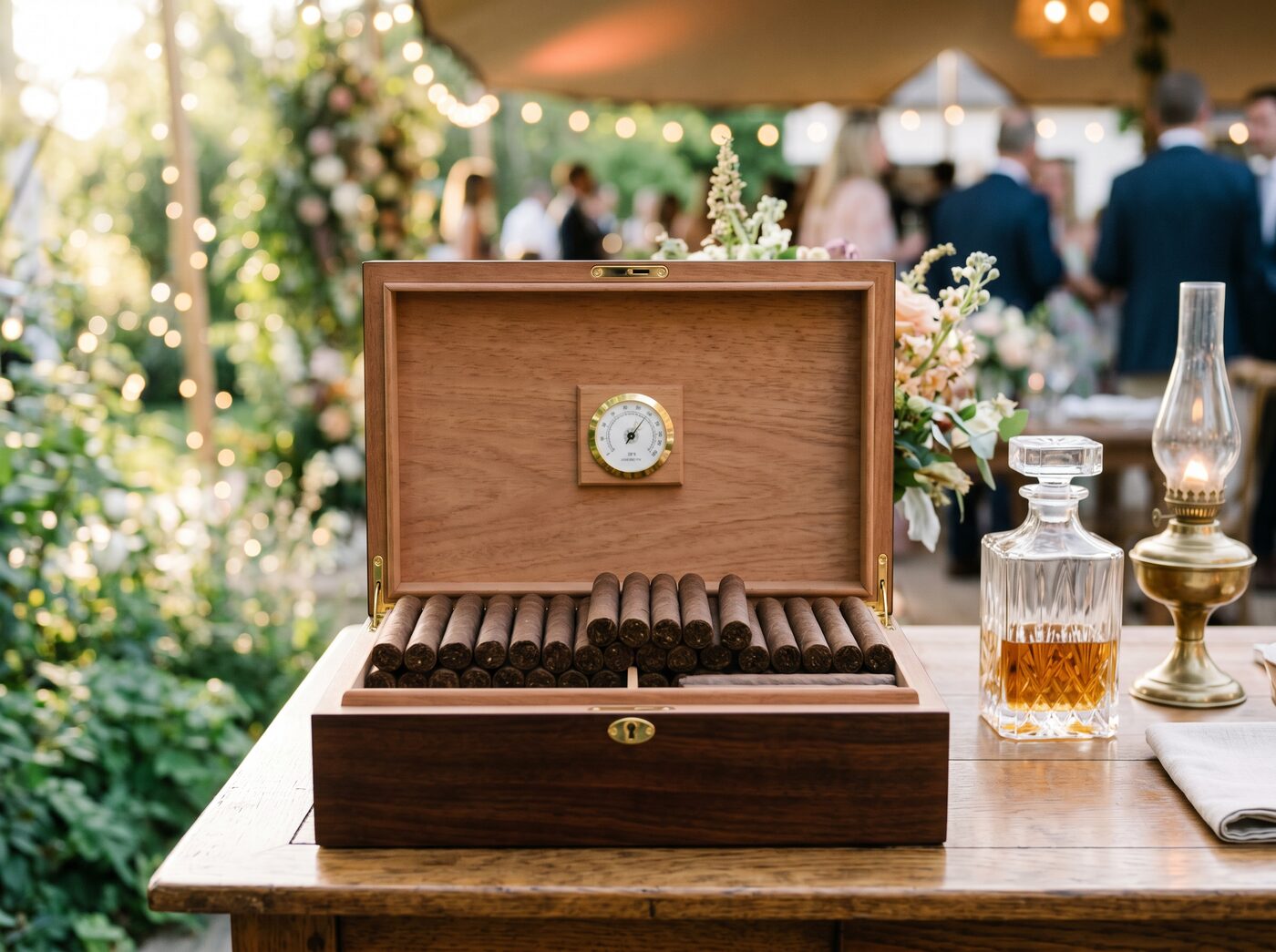 Humidor profesional din lemn de cedru, plin cu trabucuri premium, la un eveniment