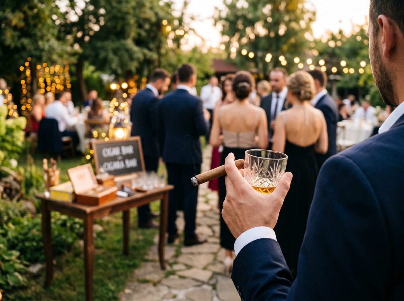 Invitați eleganți cu trabuc și pahar de whisky lângă cigar bar-ul de nuntă